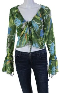 Free People Womens Sheer Green Floral V-neck Long Sleeve Blouse Top Size S - Picture 1 of 6