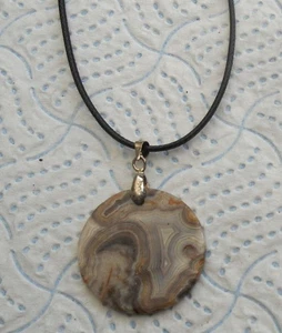 BEAUTIFUL jasper pendant 30mm round on 18"Black cord. brown cream swirls - Picture 1 of 4