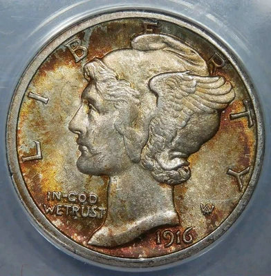 1916-S__Mercury Dime__Toned__Silver, Anacs AU 58 - Image 1 of 4