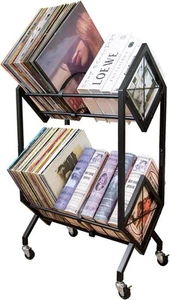 Vinyl Schallplatten Aufbewahrung Regal, 2 Ebenen Organizer mit Rollen, 200 LP schwarz - Bild 1 von 7