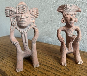 2 Mexikanische Präkolumbianische Terrakotta Azteken Maya Figuren 6x3x3" Replik - Bild 1 von 14