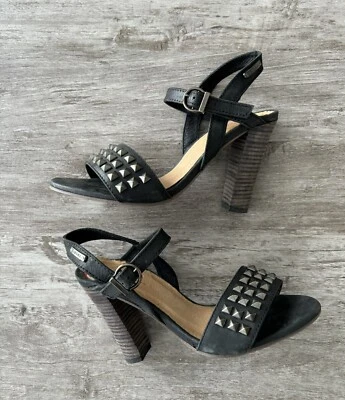 DIESEL Cuir Desir Soleil Studded Block Heel Black Leather Ankle Strap Size 37 - Image 1 of 4