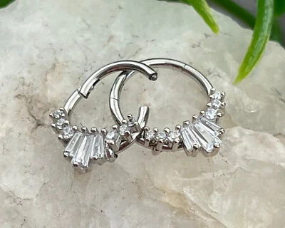 1pc Three Baguette Gems Fan Hinged Segment Ring 16g Septum Helix Ear Cartilage - Image 1 of 4