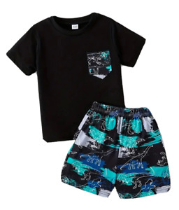 New Boys Size 5 Black & Teal Dinosaurs Pocket Shirt Shorts Set Outfit