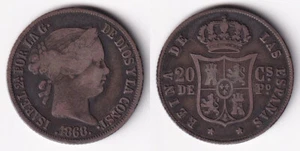 1868 Spanish Philippine ISABEL II 20 Centimos De Peso SILVER Coin - Stock #C16 - Picture 1 of 4