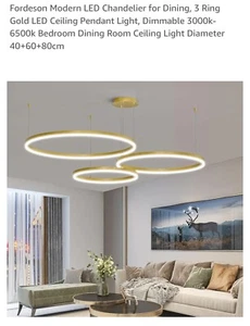 Fordeson Moderner LED Kronleuchter für Esszimmer, 3 Ring Gold LED Decken Pendelleuchte... - Bild 1 von 9