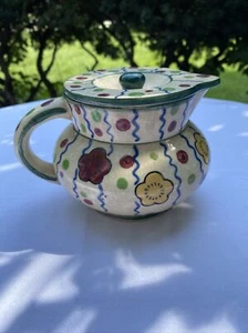 Antike Teekanne mit Deckel Japan handbemalt Keramik rot gelb grün Blumentunkte - Bild 1 von 10