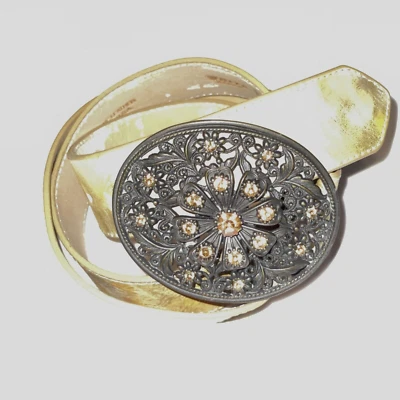 二手状况完好复古白宫黑市黑色腰带超大珠宝扣尺寸 M/L — 第 1/4 张图片