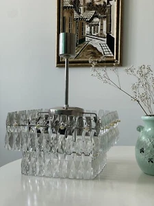 Large Mid Century Glass Ceiling Lamp With Crystal, Chandelier for 5 lights. - Picture 1 of 9