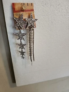 Asymmetric Pentagrams Stars Sparkling Crystals Pearls Tassel Long, Drop Earrings - Picture 1 of 4