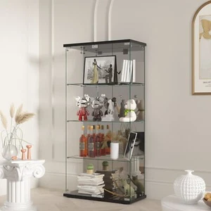Glass Display Cabinet 4 Shelves w/Mirror Bookshelf Trophy Case Curio Black New - Picture 1 of 11