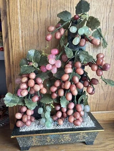 VTG Chinese Carved Stone Fruit Green Jade Carnelian Rose Quartz 100+ Grapes 20” - Picture 1 of 10
