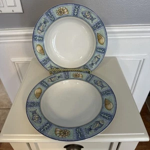 SET OF 2 STUDIO NOVA MYSTIC BAY RIM SOUP BOWLS 9 1/8" BEACH FISH SHELLS - Picture 1 of 15
