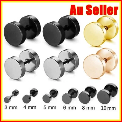 1/2/3Pairs Black Stainless Steel Flat Round Barbell Mens Unisex Ear Plugs Stud  - image 1 of 4