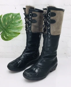 UGG Belcloud Duck Boots Women Size 9.5 Tall Waterproof Black Leather Sherpa Line - Picture 1 of 15
