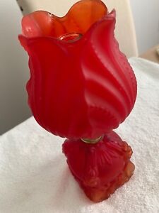Antique Lamp,  Miniature Red Satin Glass Drape Pattern w/ Square Base/Round Top!