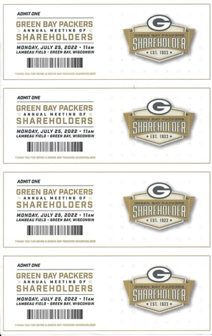 Sheet of 4 2022 Green Bay Packers Annual Shareholder Meeting Tickets Cover