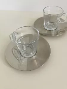 Nespresso Glasses View Collection 2 Lungo Glass Cups Stainless Steel Saucers - Picture 1 of 11
