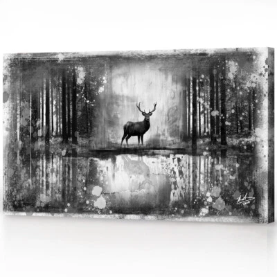 LEINWAND BILD LANDSCHAFT BÄUME HIRSCH TIERE WANDBILDER XXL WOHNZIMMER  2999A - Bild 1 von 4
