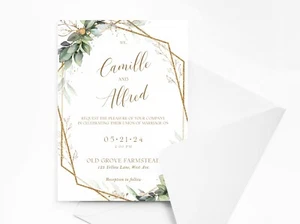 Personalised Sage Leaves and Gold Ornaments Wedding Invitations with Envelopes - Picture 1 of 5