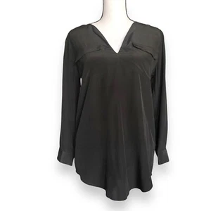 Joie Silk Blouse Top Sz XS Black V Neck Long Sleeve Chest Pockets Elevated Basic - Picture 1 of 15
