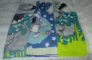 Set of 3 Kids Hooded Beach Towel Microfiber 24"x24" Cartoon Shark Bath Pool Fun - Picture 1 of 7