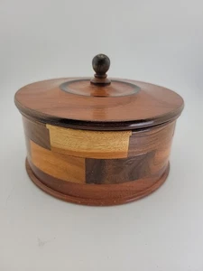 Vintage Hand Turned Round Inlaid Wood Trinket Box Container w/Lid 6.5" - Picture 1 of 8