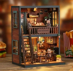 Zum Selbermachen Bücherecke Bär Restaurant Holz Puppenhaus Kit Miniatur Bücherregal 3D Puzzle - Bild 1 von 7