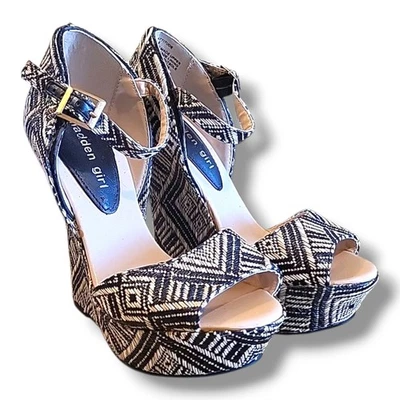 Madden Girl Tribal Aztec Boho Wedge Platform Shoe Black & Tan Women's Size 6.5 - Image 1 of 4