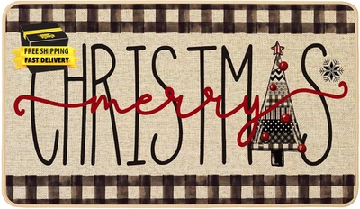 Merry Christmas Doormat,Christmas Trees Xmas Winter Black White Buffalo Plaid In - Image 1 of 4