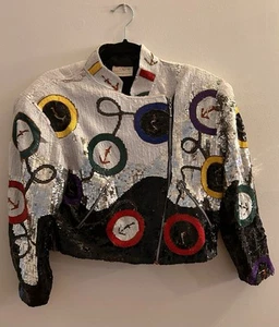VTG Maple Sequin L Short Jacket Nautical White Multi Color Motorcycle Zip#8011 - Picture 1 of 24