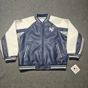 New York Yankees MLB Kunstlederjacke Jugend mittelblau durchgehender Reißverschluss Neu mit Etikett LESEN - Bild 1 von 11