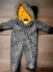 ROTHSCHILD ONE PIECE SNOW SUIT SIZE 6 - 9 MONTHS FAUX FUR HOOD GREEN GRAY - Picture 1 of 4