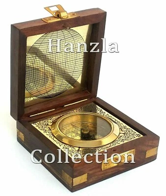 Halloween Handmade Antique Maritime Brass Compass with Wooden Box Nautical Décor - Image 1 of 4