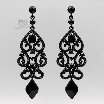 枝形吊灯吊坠耳环黑色喷射水晶水钻婚礼舞会 07971 — 第 1/4 张图片