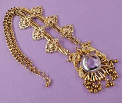 Golden PEACOCK Necklace Large Clear Cabochon Two Peacocks Gold Tone Chain - Image 1 of 4