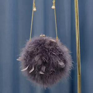 Lady Fluffy Ostrich Feather Handbag Circular Bag Purse Clutch Party Evening Cute - Picture 1 of 17