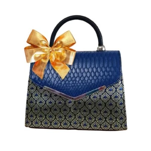 Blue Gold Embroidered Thai Silk Bag Tote Traditional Vintage Luxury Style Woman - Picture 1 of 5