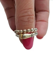 Stunning Beaded Elastic Stretch Glass Rings Rhinestone Gold/Silver Tone Set of 2 - Picture 1 of 6