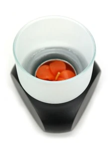 Tealight candle holder. Contemporary wood & single glass Thailand, frosted glass - Picture 1 of 3