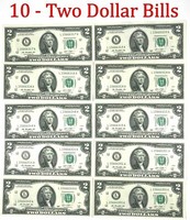 10 Consecutive Serial # Uncirculated $2 Bills Two Dollar Bills