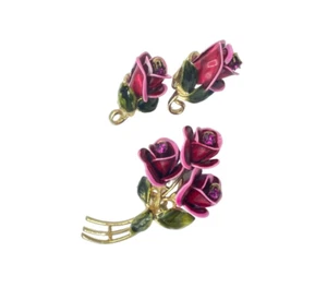 CORO Red and Pink Enamel Flower Brooch & Clip-On Earring Set - Picture 1 of 6