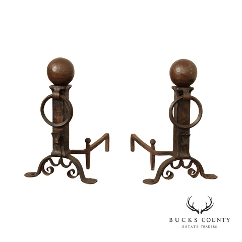 Arts & Crafts Antique Pair of Wrought Iron Andirons Cover
