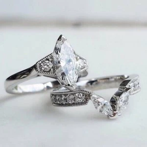 1Ct White Marquise Cut CZ Engagement Wedding Ring Set Solid 925 Sterling Silver - Picture 1 of 4