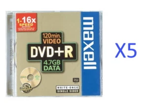Lot de 5 Dvd+R Maxell 120min./4.7GB DATA /Boitier Slim/16x /neuf Scellé - Photo 1/1