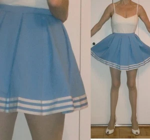 VTG CUSTOM MADE RETRO BLUE & WHITE STRIPES MINI SKIRT PLEATED DANCE COSTUME S XS - Picture 1 of 1