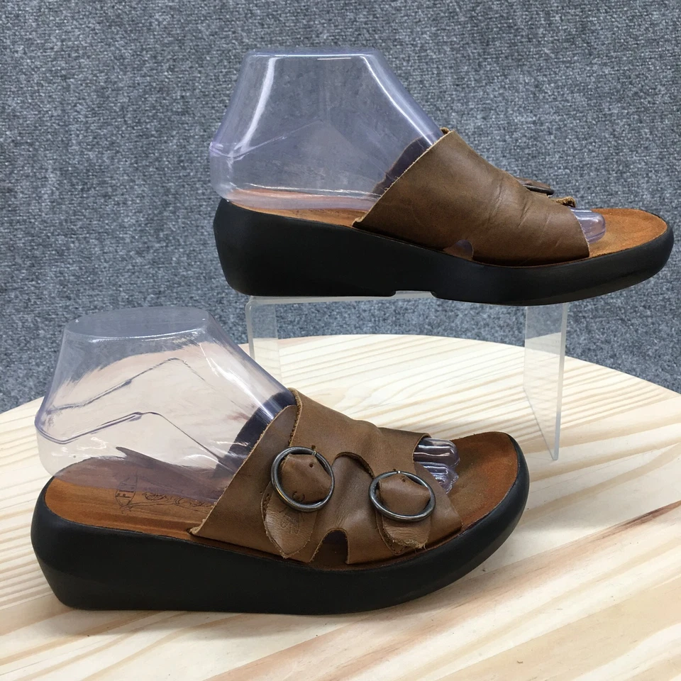 Fly London Sandals Womens 37 Bald849fly Slide Brown Buckle Slip On Wedge Heels - Image 1 of 4