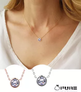 Cubic Zirconia Gift Bezel-Set Solitaire Choker Necklace Sterling Silver Plated - Picture 1 of 11