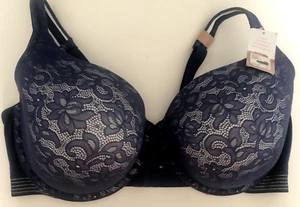 NWT 42F CACIQUE 4932 Navy Blue MODERN LACE Lightly Lined T-SHIRT Underwire BRA - Picture 1 of 12