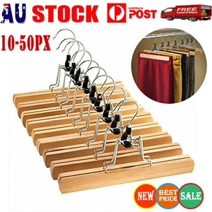 10X Wooden Pant Hanger With Clips Non Slip For Slack Skirt Work Trousers Jean AU - Picture 1 of 7